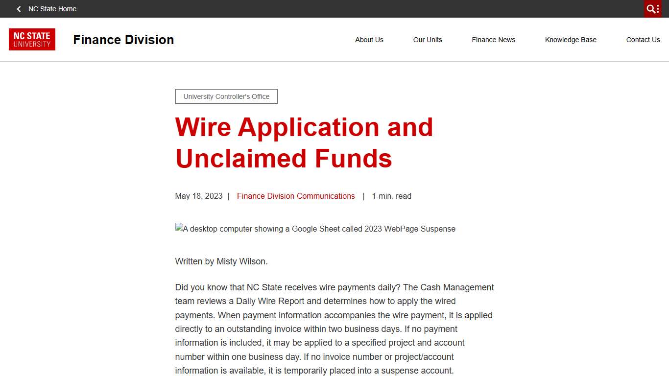Wire Application and Unclaimed Funds Finance Division